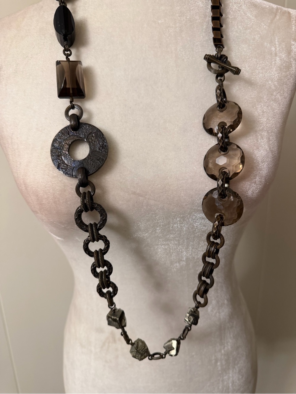 Stephen Dweck Bronze Multi-Stone Statement Necklace Pyrite Smoky Quartz - Picture 3 of 11